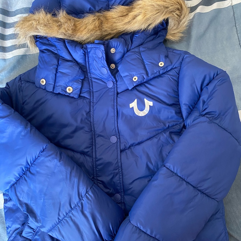 True Religion Royal Blue Puffer Jacket with Faux Fur